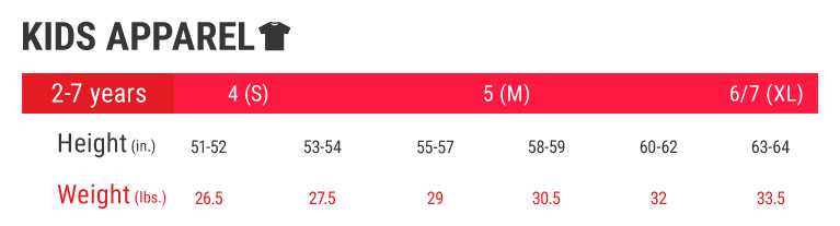 Kids Apparel Size Charts